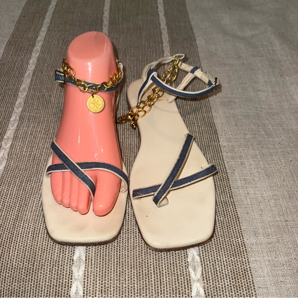 Kooreloo Leather Strappy Ankle Wrap Flat Sandals Gold Chain Sz 37 US 6 Womens